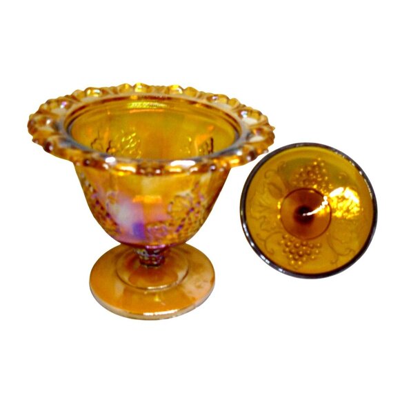 Carnival Glass Amber Marigold Grape Vine Harvest Pedestal Compote Candy Dish Lid - Picture 3 of 9